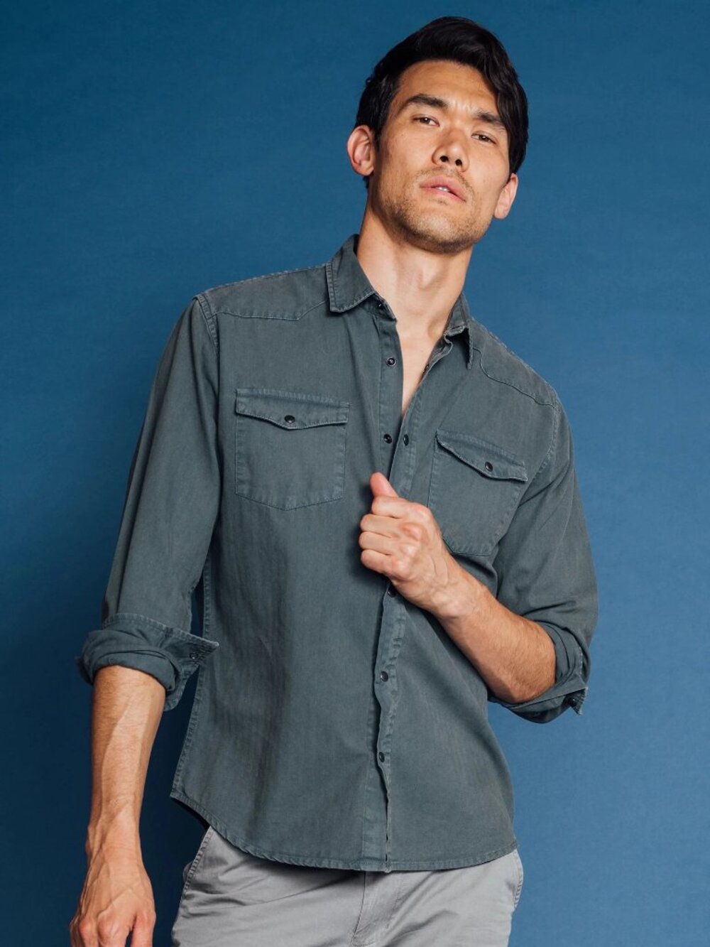Original Paperbacks Denim Blue Herringbone Long Sleeve Shirt/12635